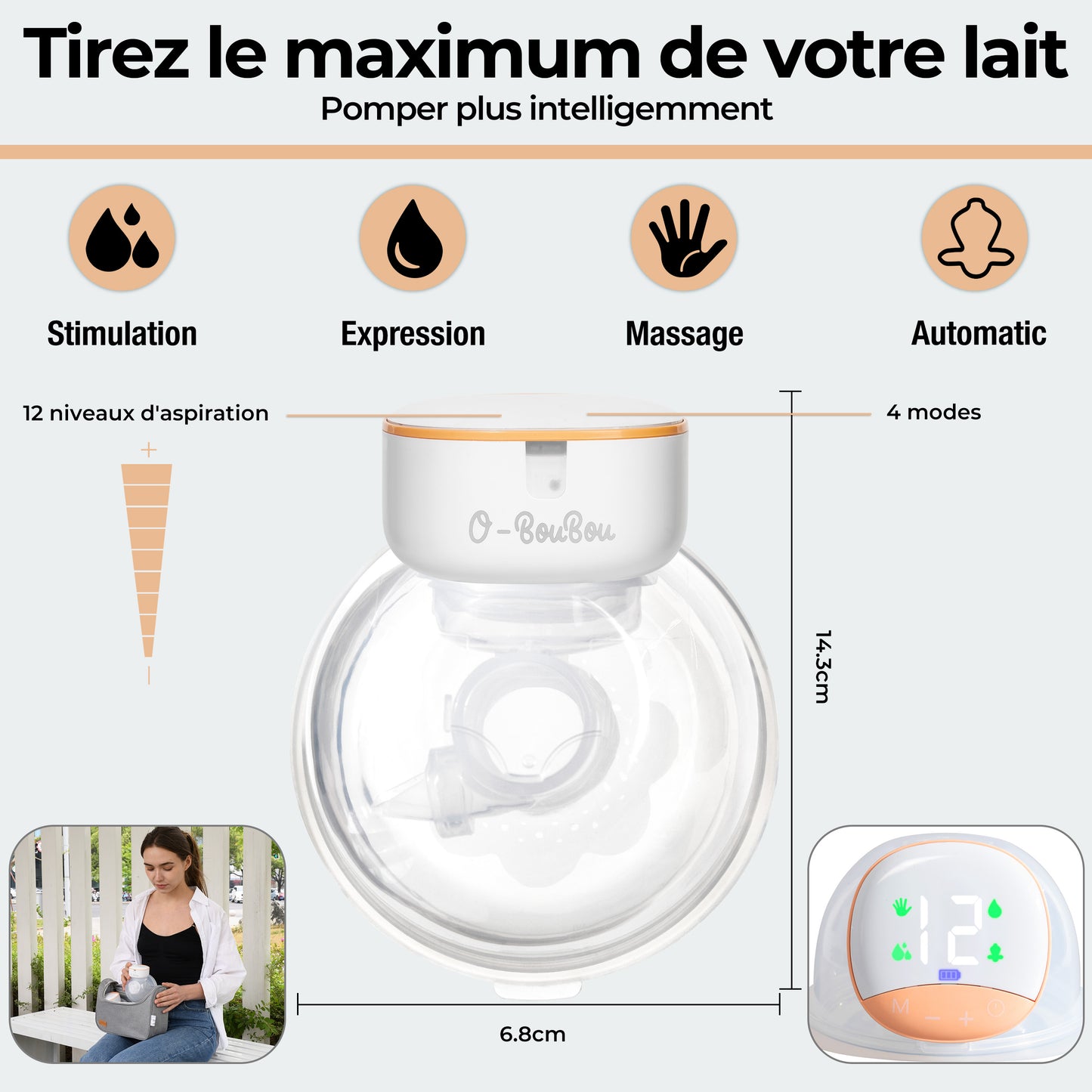 O-BouBou | 2 Tire Lait Electrique Main Libre en Silicone - 12 Niveaux & 4 Modes -  4 Insert Brides (19/21mm) Sans BPA