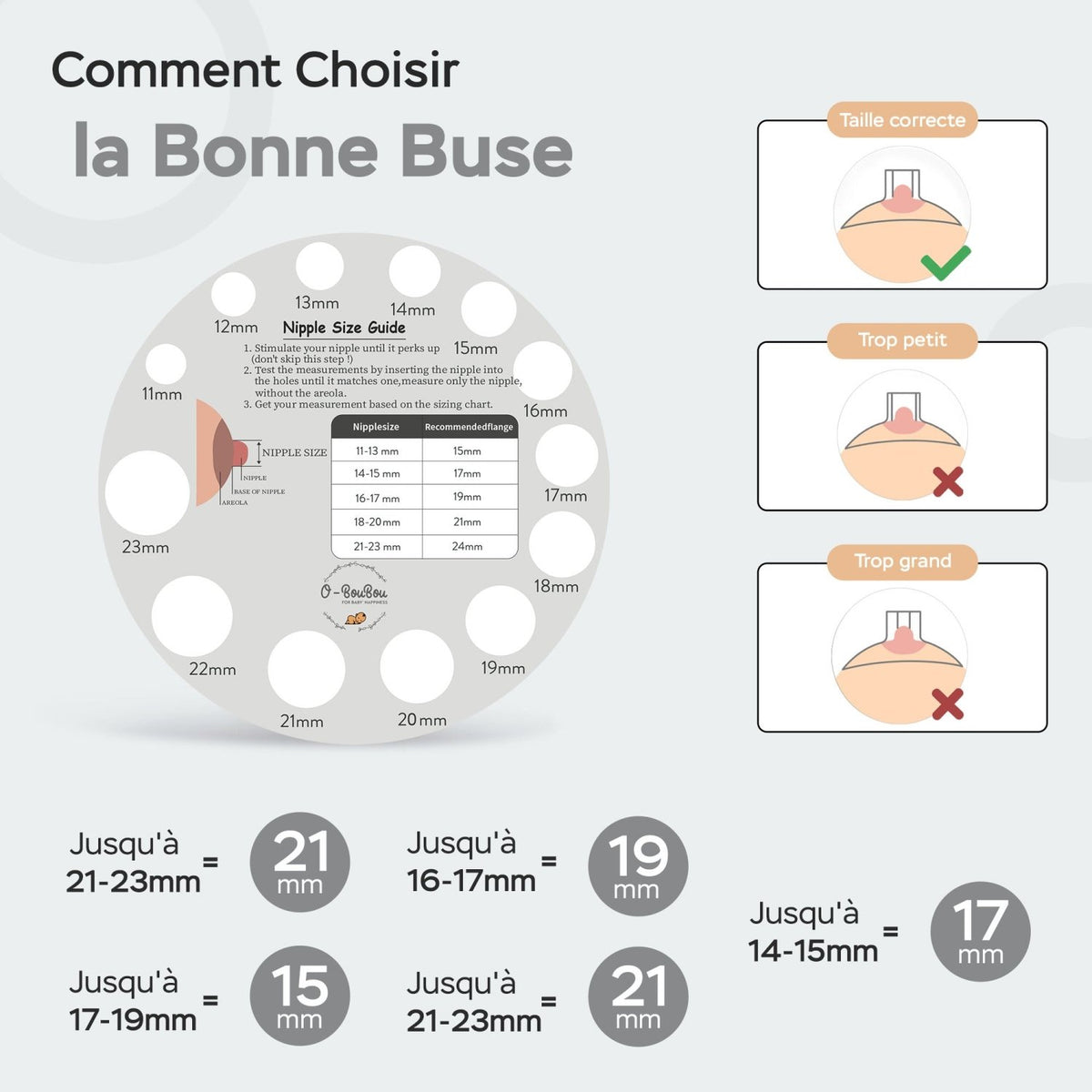 Inserts de Téterelle 13 à 21 mm – Kit de 10 + Carte de Mesure - O-BouBou