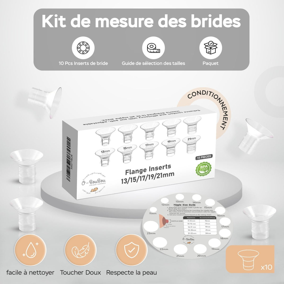 Inserts de Téterelle 13 à 21 mm – Kit de 10 + Carte de Mesure - O-BouBou